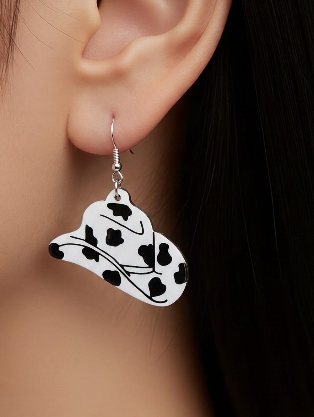 Cow Print Cowboy Hat Earrings Western Cowgirl Rodeo Black White Wood Dangle Gift